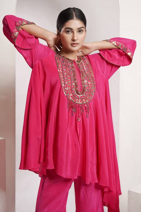 Deepika Chopra_Pink Crepe Sequins, Tassels Round Anti-fit Asymmetric Kurta With Panelled Pant_at_Aza_Fashions