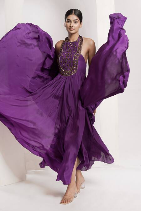 Deepika Chopra_Purple Crepe Sequins, Beads Halter Neck Embroidered Yoke Faired Maxi Dress_Online_at_Aza_Fashions