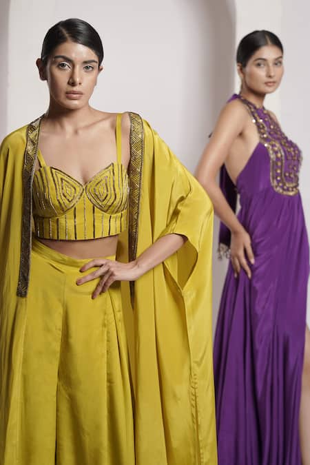 Deepika Chopra_Purple Crepe Sequins, Beads Halter Neck Embroidered Yoke Faired Maxi Dress_at_Aza_Fashions