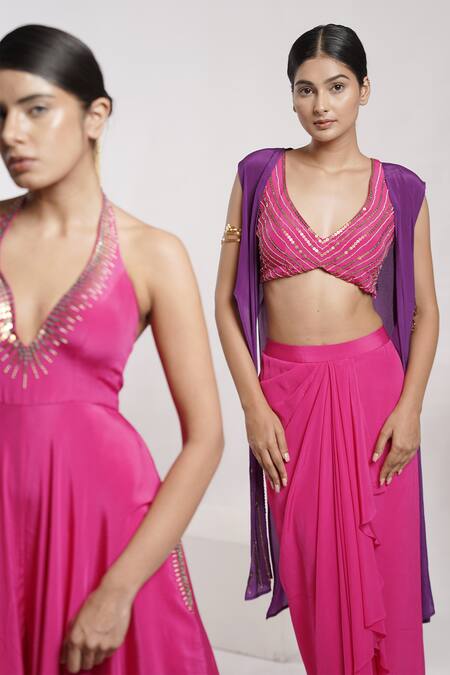 Deepika Chopra Pink Crepe Sequins, Tassels, Beads Plunge Neck Hand Embroidered Halter Jumpsuit Online at Aza Fashions Deepika Chopra_Pink Crepe Sequins, Tassels, Beads Plunge Neck Hand Embroidered Halter Jumpsuit_Online_at_Aza_Fashions