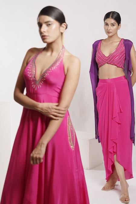 Buy Deepika Chopra Pink Crepe Sequins, Tassels, Beads Plunge Neck Hand Embroidered Halter Jumpsuit Online at Aza Fashions Buy_Deepika Chopra_Pink Crepe Sequins, Tassels, Beads Plunge Neck Hand Embroidered Halter Jumpsuit_Online_at_Aza_Fashions