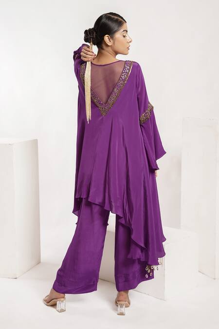 Shop Deepika Chopra Purple Crepe, Chanderi Sequins, Anti-fit Asymmetric Kurta With Palazzo Pant at Aza Fashions Shop_Deepika Chopra_Purple Crepe, Chanderi Sequins, Anti-fit Asymmetric Kurta With Palazzo Pant_at_Aza_Fashions