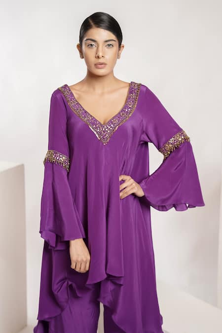 Deepika Chopra Purple Crepe, Chanderi Sequins, Anti-fit Asymmetric Kurta With Palazzo Pant Online at Aza Fashions Deepika Chopra_Purple Crepe, Chanderi Sequins, Anti-fit Asymmetric Kurta With Palazzo Pant_Online_at_Aza_Fashions