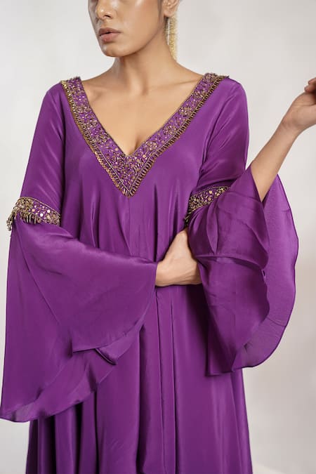 Buy Deepika Chopra Purple Crepe, Chanderi Sequins, Anti-fit Asymmetric Kurta With Palazzo Pant Online at Aza Fashions Buy_Deepika Chopra_Purple Crepe, Chanderi Sequins, Anti-fit Asymmetric Kurta With Palazzo Pant_Online_at_Aza_Fashions