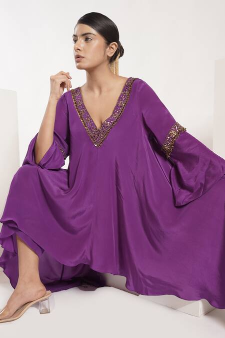 Shop Deepika Chopra Purple Crepe, Chanderi Sequins, Anti-fit Asymmetric Kurta With Palazzo Pant Online at Aza Fashions Shop_Deepika Chopra_Purple Crepe, Chanderi Sequins, Anti-fit Asymmetric Kurta With Palazzo Pant_Online_at_Aza_Fashions