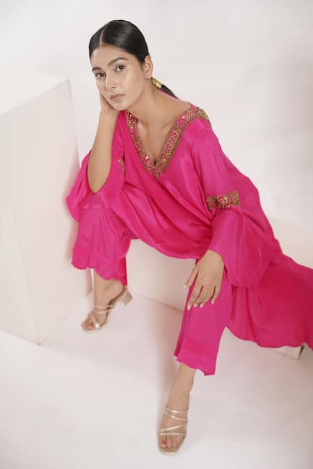 Buy_Deepika Chopra_Pink Crepe Sequins, Tassels V-neck Anti-fit Asymmetric Kurta And Palazzo Pant_Online_at_Aza_Fashions