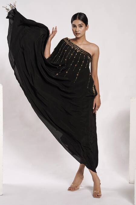 Deepika Chopra_Black Crepe Sequins, Tassels, Beads Anti-fit Hand Embroidered Flowy Dress_Online_at_Aza_Fashions