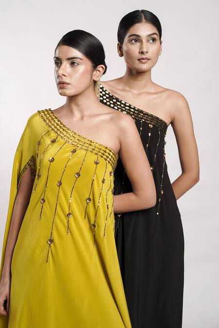 Deepika Chopra_Black Crepe Sequins, Tassels, Beads Anti-fit Hand Embroidered Flowy Dress_at_Aza_Fashions