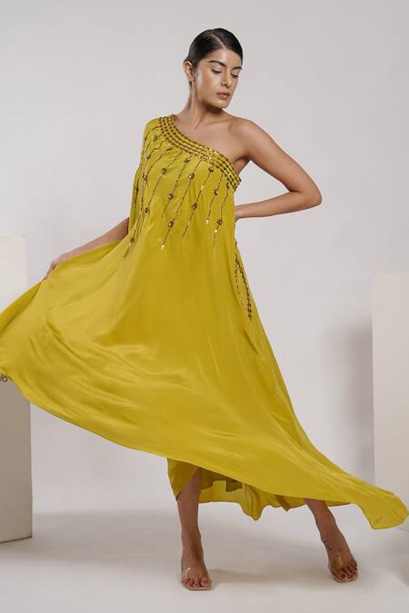 Shop_Deepika Chopra_Yellow Crepe Embroidery, Sequins, Beads One Anti-fit Hand Flowy Midi Dress_Online_at_Aza_Fashions