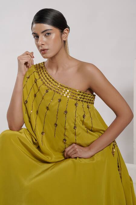 Deepika Chopra_Yellow Crepe Embroidery, Sequins, Beads One Anti-fit Hand Flowy Midi Dress_at_Aza_Fashions