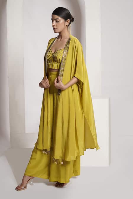 Deepika Chopra_Yellow , Cotton Salli Hand Embroidered Pant Set With Cape_Online_at_Aza_Fashions