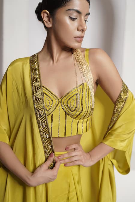 Buy_Deepika Chopra_Yellow , Cotton Salli Hand Embroidered Pant Set With Cape_Online_at_Aza_Fashions