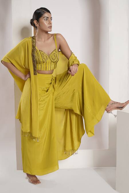 Deepika Chopra_Yellow , Cotton Salli Hand Embroidered Pant Set With Cape_at_Aza_Fashions