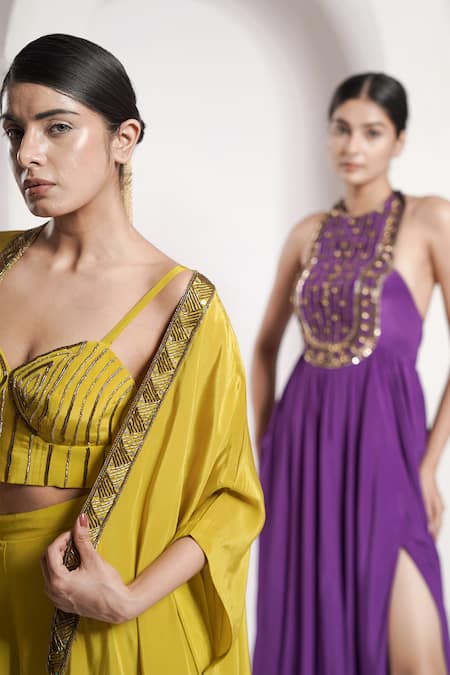 Buy_Deepika Chopra_Yellow , Cotton Salli Hand Embroidered Pant Set With Cape