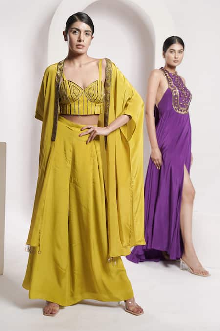 Shop_Deepika Chopra_Yellow , Cotton Salli Hand Embroidered Pant Set With Cape