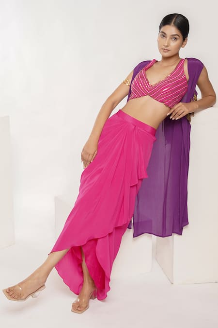 Deepika Chopra_Pink Crepe, Chiffon Sequins, Beads V-neck Hand Embroidered Skirt Set With Cape_Online_at_Aza_Fashions