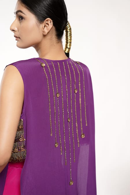 Deepika Chopra_Pink Crepe, Chiffon Sequins, Beads V-neck Hand Embroidered Skirt Set With Cape_at_Aza_Fashions