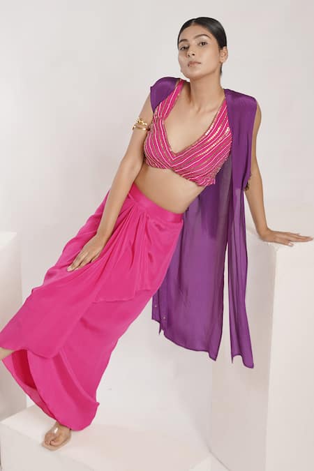 Buy_Deepika Chopra_Pink Crepe, Chiffon Sequins, Beads V-neck Hand Embroidered Skirt Set With Cape