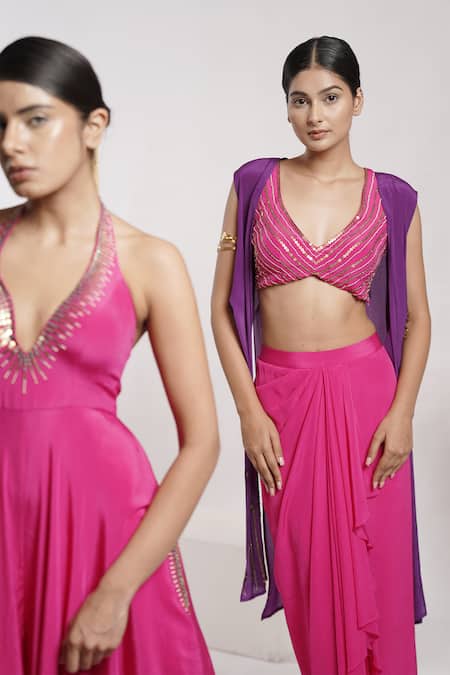 Shop_Deepika Chopra_Pink Crepe, Chiffon Sequins, Beads V-neck Hand Embroidered Skirt Set With Cape