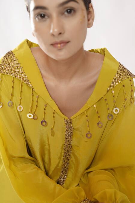 Deepika Chopra_Yellow Crepe Sequins, Tassels, Beads Anti-fit Hand Embroidered Shirt Pant Set_Online_at_Aza_Fashions
