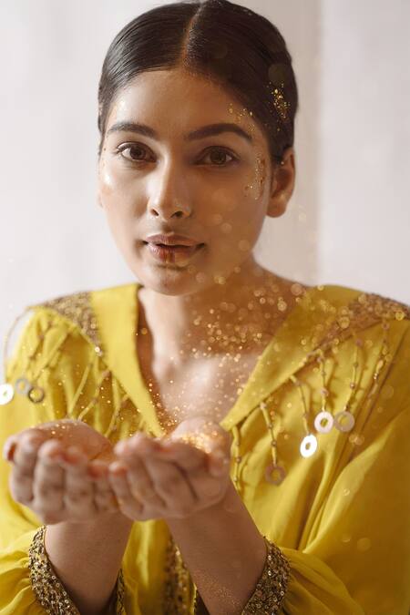 Buy_Deepika Chopra_Yellow Crepe Sequins, Tassels, Beads Anti-fit Hand Embroidered Shirt Pant Set_Online_at_Aza_Fashions