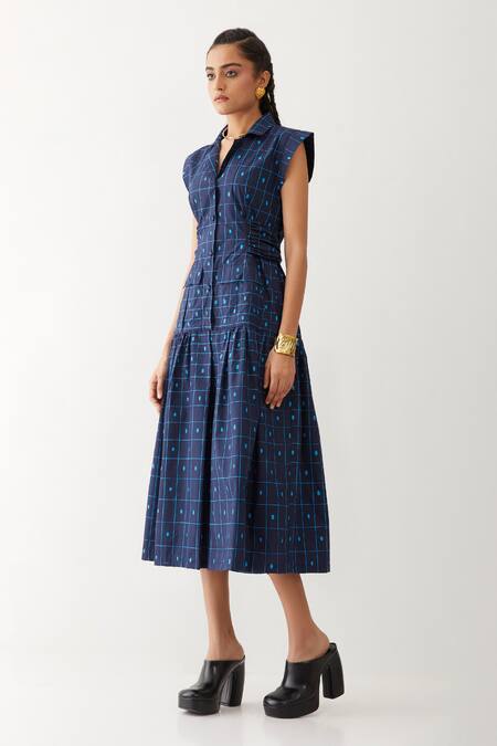 Son Of A Noble Snob Blue Cotton Bows Collared Agnes Checkered Print Dress Online at Aza Fashions Son Of A Noble Snob_Blue Cotton Bows Collared Agnes Checkered Print Dress _Online_at_Aza_Fashions