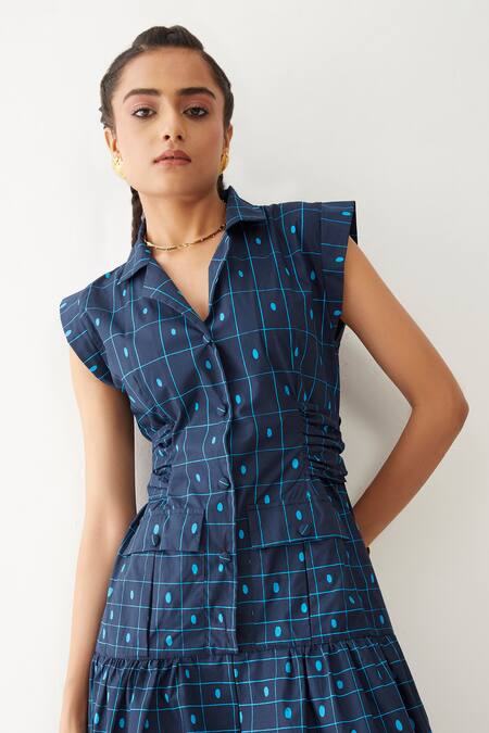 Buy Son Of A Noble Snob Blue Cotton Bows Collared Agnes Checkered Print Dress Online at Aza Fashions Buy_Son Of A Noble Snob_Blue Cotton Bows Collared Agnes Checkered Print Dress _Online_at_Aza_Fashions