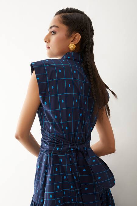 Shop Son Of A Noble Snob Blue Cotton Bows Collared Agnes Checkered Print Dress Online at Aza Fashions Shop_Son Of A Noble Snob_Blue Cotton Bows Collared Agnes Checkered Print Dress _Online_at_Aza_Fashions