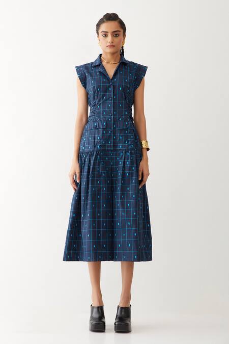Son Of A Noble Snob Blue Cotton Bows Collared Agnes Checkered Print Dress at Aza Fashions Son Of A Noble Snob_Blue Cotton Bows Collared Agnes Checkered Print Dress _at_Aza_Fashions