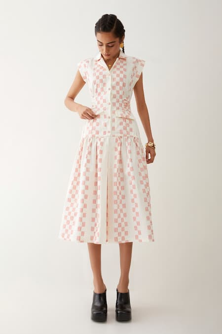 Son Of A Noble Snob Off White Cotton Satin Collared Agnes Hopscotch Print Dress 