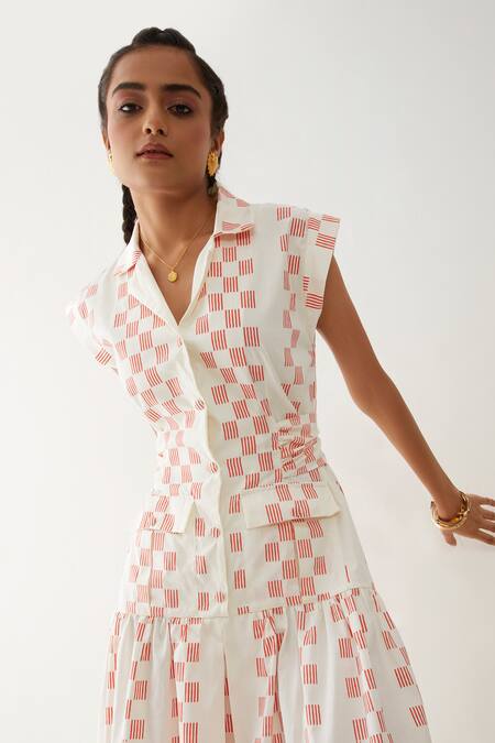 Buy_Son Of A Noble Snob_Off White Cotton Satin Collared Agnes Hopscotch Print Dress _Online_at_Aza_Fashions