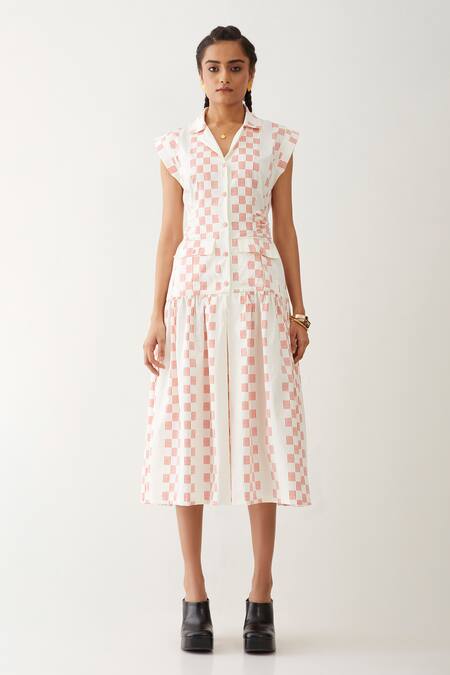 Shop_Son Of A Noble Snob_Off White Cotton Satin Collared Agnes Hopscotch Print Dress _Online_at_Aza_Fashions