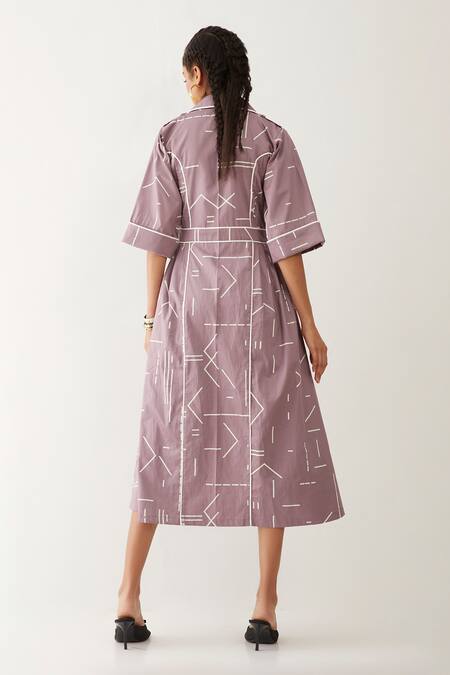 Shop_Son Of A Noble Snob_Purple Cotton Satin Collared Amerlia Geometric Print Dress _at_Aza_Fashions