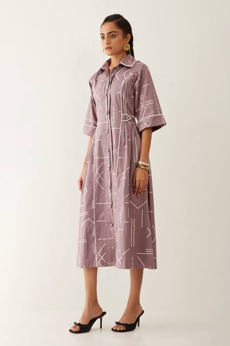 Son Of A Noble Snob_Purple Cotton Satin Collared Amerlia Geometric Print Dress _Online_at_Aza_Fashions