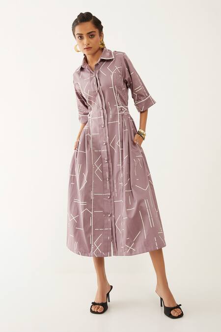 Buy_Son Of A Noble Snob_Purple Cotton Satin Collared Amerlia Geometric Print Dress _Online_at_Aza_Fashions