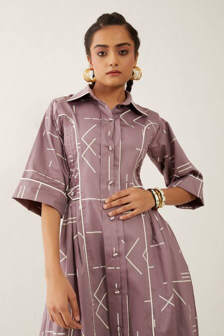 Shop_Son Of A Noble Snob_Purple Cotton Satin Collared Amerlia Geometric Print Dress _Online_at_Aza_Fashions