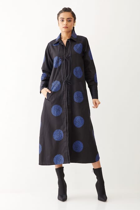 Son Of A Noble Snob Black Cotton Satin Collared Bella Beans Floral Print Dress 