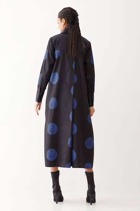 Shop_Son Of A Noble Snob_Black Cotton Satin Collared Bella Beans Floral Print Dress _at_Aza_Fashions