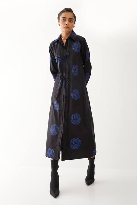 Son Of A Noble Snob_Black Cotton Satin Collared Bella Beans Floral Print Dress _Online_at_Aza_Fashions