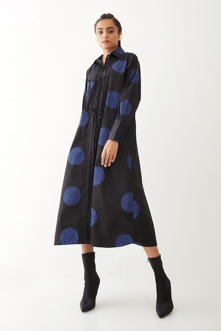 Son Of A Noble Snob_Black Cotton Satin Collared Bella Beans Floral Print Dress _at_Aza_Fashions