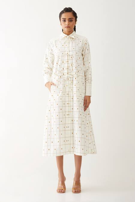 Son Of A Noble Snob Off White Cotton Satin Collared Bella Checkered Print Dress 