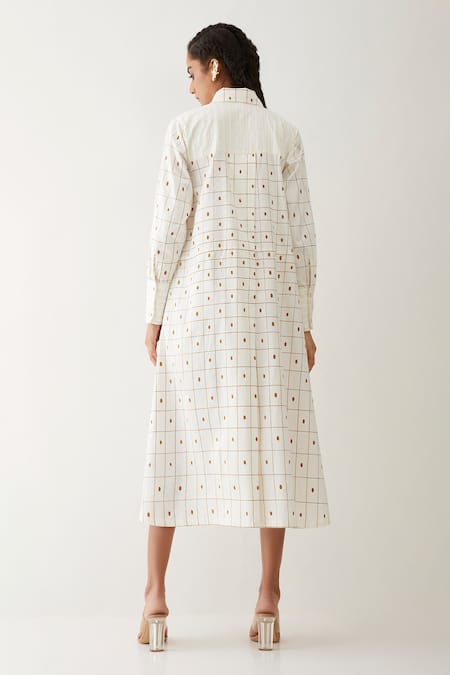 Shop Son Of A Noble Snob Off White Cotton Satin Collared Bella Checkered Print Dress at Aza Fashions Shop_Son Of A Noble Snob_Off White Cotton Satin Collared Bella Checkered Print Dress _at_Aza_Fashions