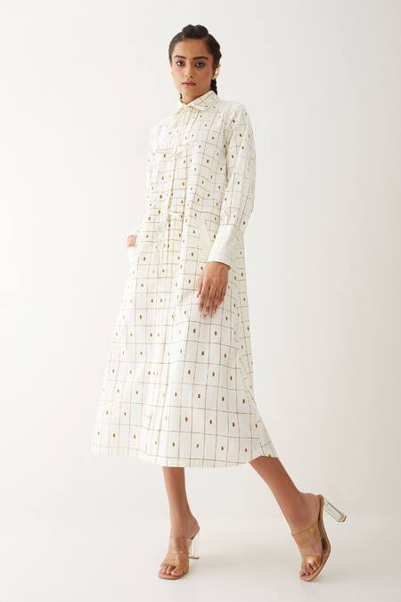 Son Of A Noble Snob Off White Cotton Satin Collared Bella Checkered Print Dress Online at Aza Fashions Son Of A Noble Snob_Off White Cotton Satin Collared Bella Checkered Print Dress _Online_at_Aza_Fashions