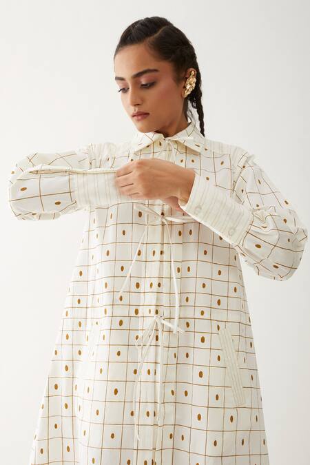 Shop Son Of A Noble Snob Off White Cotton Satin Collared Bella Checkered Print Dress Online at Aza Fashions Shop_Son Of A Noble Snob_Off White Cotton Satin Collared Bella Checkered Print Dress _Online_at_Aza_Fashions