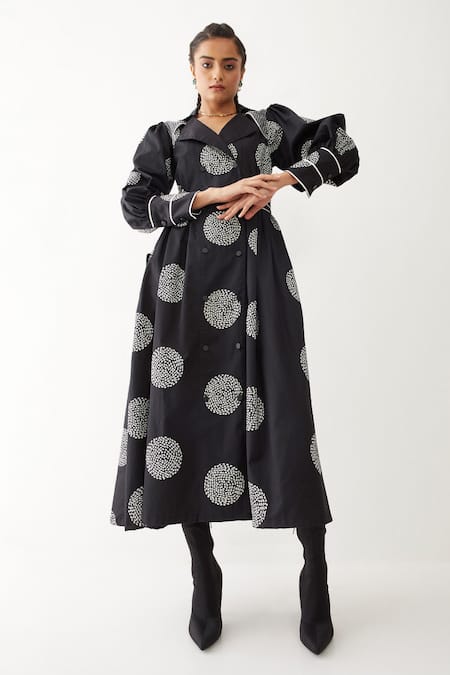Son Of A Noble Snob Black Cotton Satin Collared Blair Printed Dress 