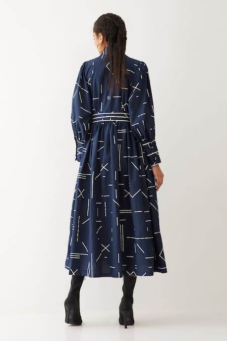 Shop_Son Of A Noble Snob_Blue Cotton Satin Collared Blair Geometric Print Dress _at_Aza_Fashions