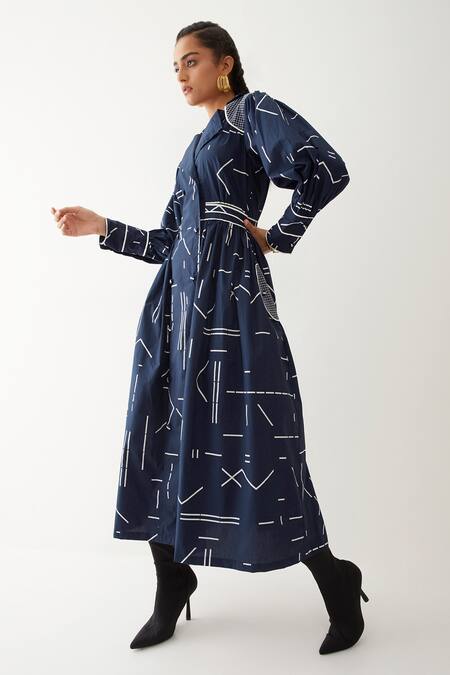 Son Of A Noble Snob_Blue Cotton Satin Collared Blair Geometric Print Dress _Online_at_Aza_Fashions