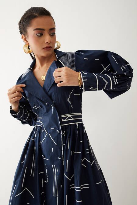 Buy_Son Of A Noble Snob_Blue Cotton Satin Collared Blair Geometric Print Dress _Online_at_Aza_Fashions
