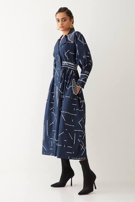Shop_Son Of A Noble Snob_Blue Cotton Satin Collared Blair Geometric Print Dress _Online_at_Aza_Fashions