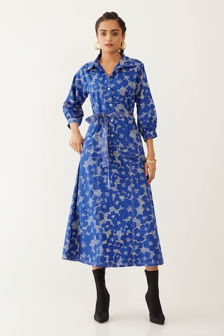 Son Of A Noble Snob Blue Cotton Satin Collared Bonie Void Print Dress 